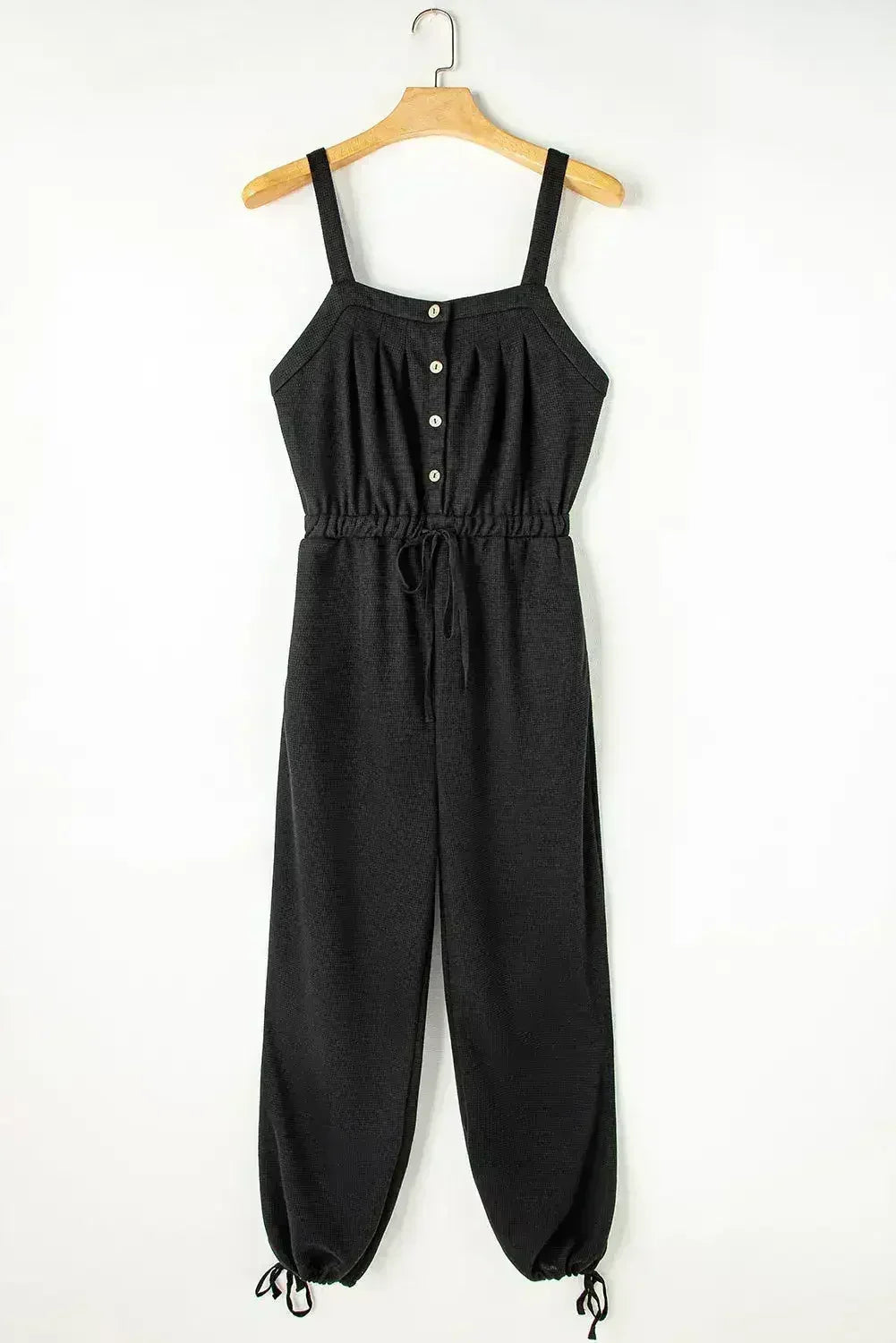 Moss Green Knotted Straps Button Textured Drawstring Jumpsuit - Femstylo