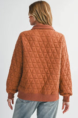 Brown Textured Zipper Neck Long Sleeve Pullover Sweatshirt - Femstylo