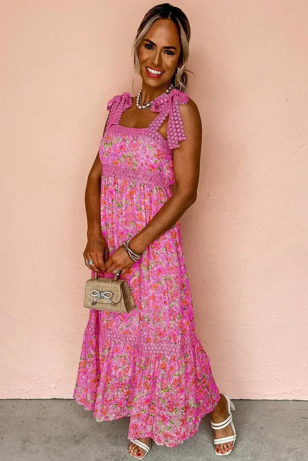 Green Floral Lace Tied Strap Empire Waist Maxi Dress - Femstylo