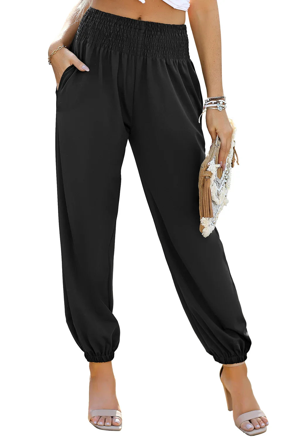 Navy Blue Shirred Smocked High Waist Joggers