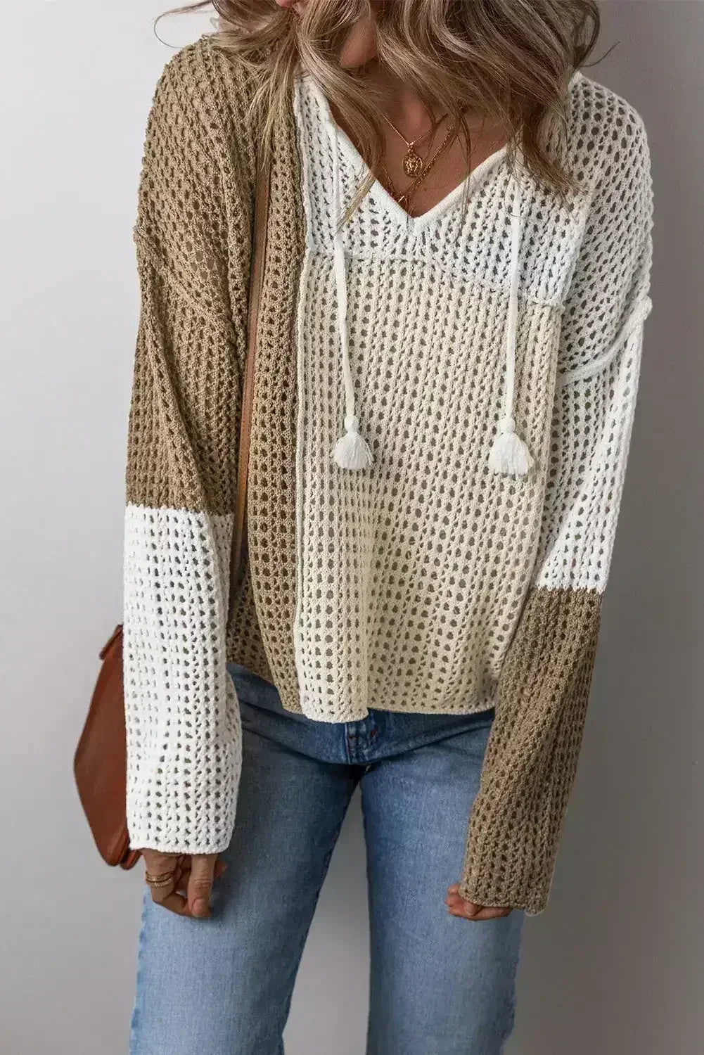 Brown Colorblock Hollow-out Tie V Neck Lightweight Sweater - Femstylo