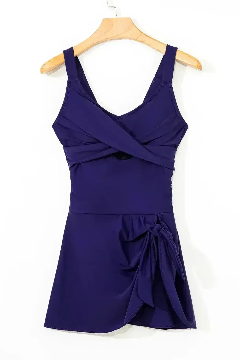 Navy Blue Adjustable Straps Cutout Ruched Knot Slit One Piece Swim Dress - Femstylo