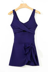 Navy Blue Adjustable Straps Cutout Ruched Knot Slit One Piece Swim Dress - Femstylo
