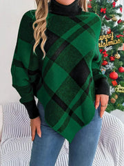 Plaid Turtleneck Batwing Sleeve Sweater - Femstylo