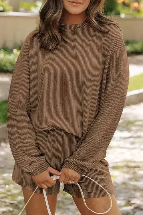 Parchment Corded Knit Long Sleeve Top and High Waist Shorts Set - Femstylo