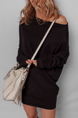 Black Asymmetric Neck Batwing Sleeve Shift Mini Sweater Dress
