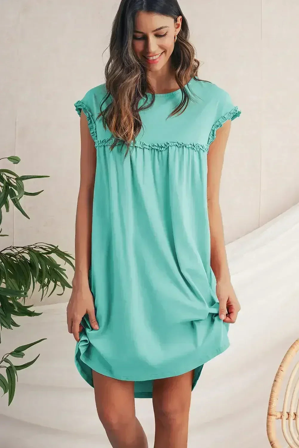Oatmeal Frilled Trim Crewneck Loose Fit Mini Dress - Femstylo