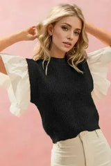 Oh Full Size Ruffled Round Neck Short Sleeve Sweater - Femstylo