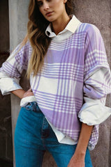 Lilac Plaid Print Ribbed Trim Loose Sweater