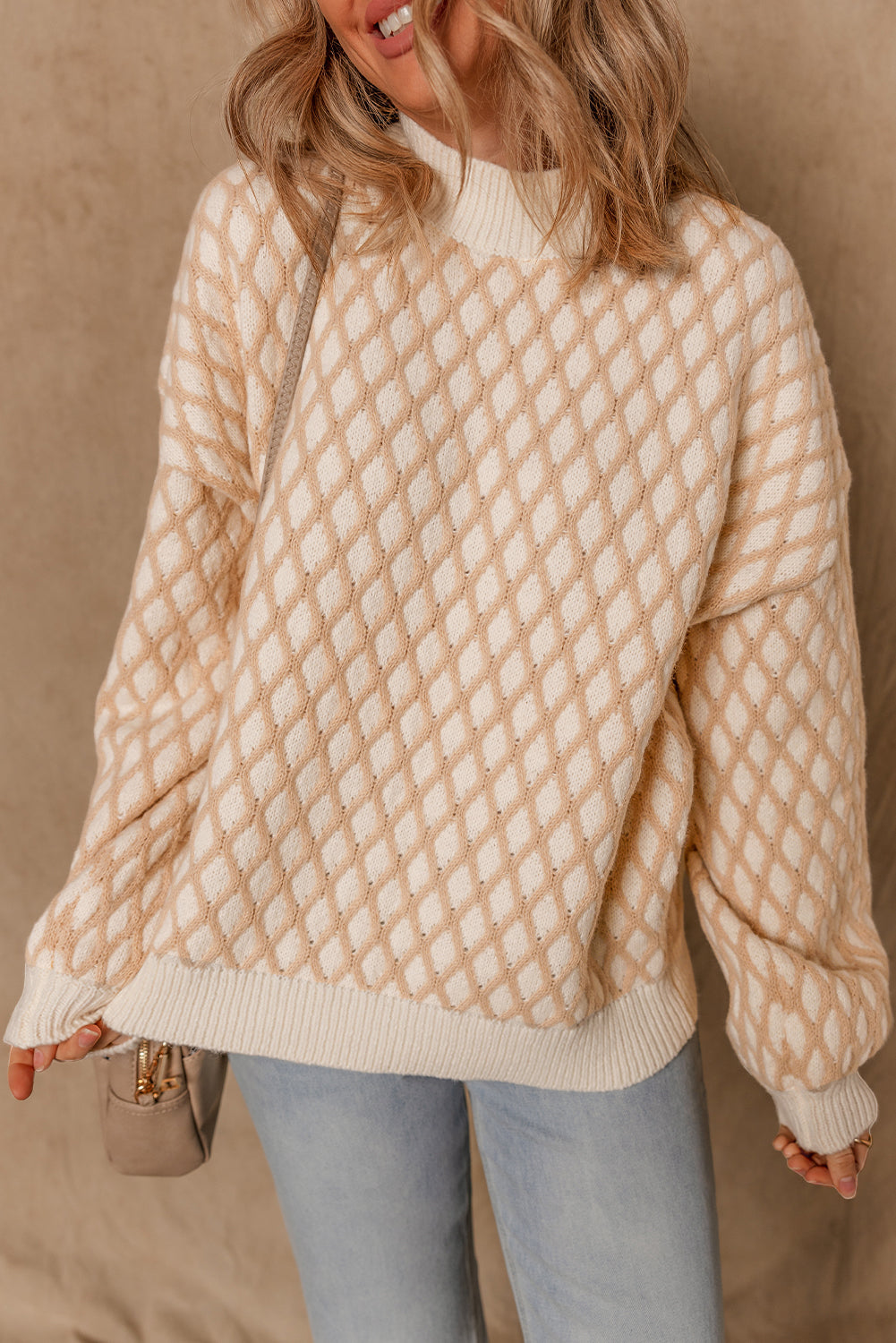 Smoke Gray Checkered Textured Knit Mock Neck Sweater - Femstylo