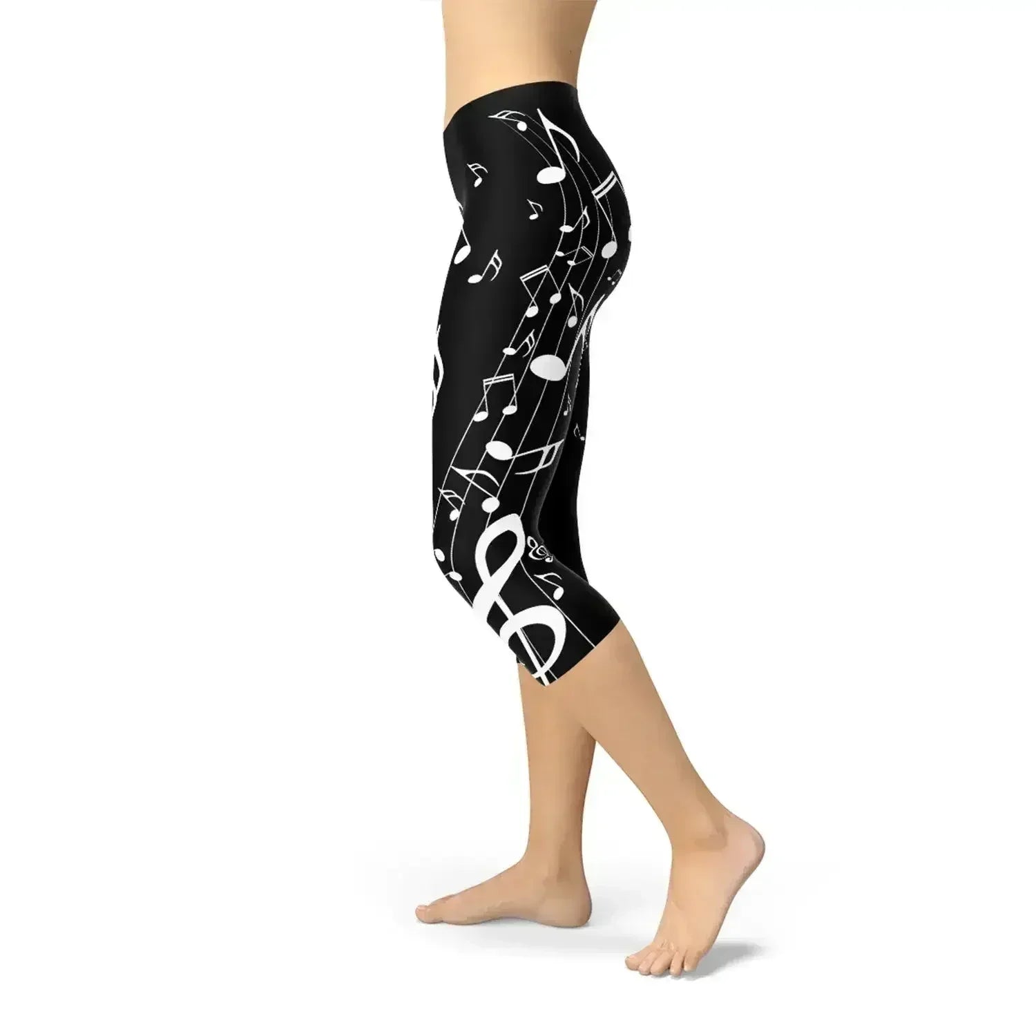 Womens Piano Notes Black Capri Leggings - Femstylo
