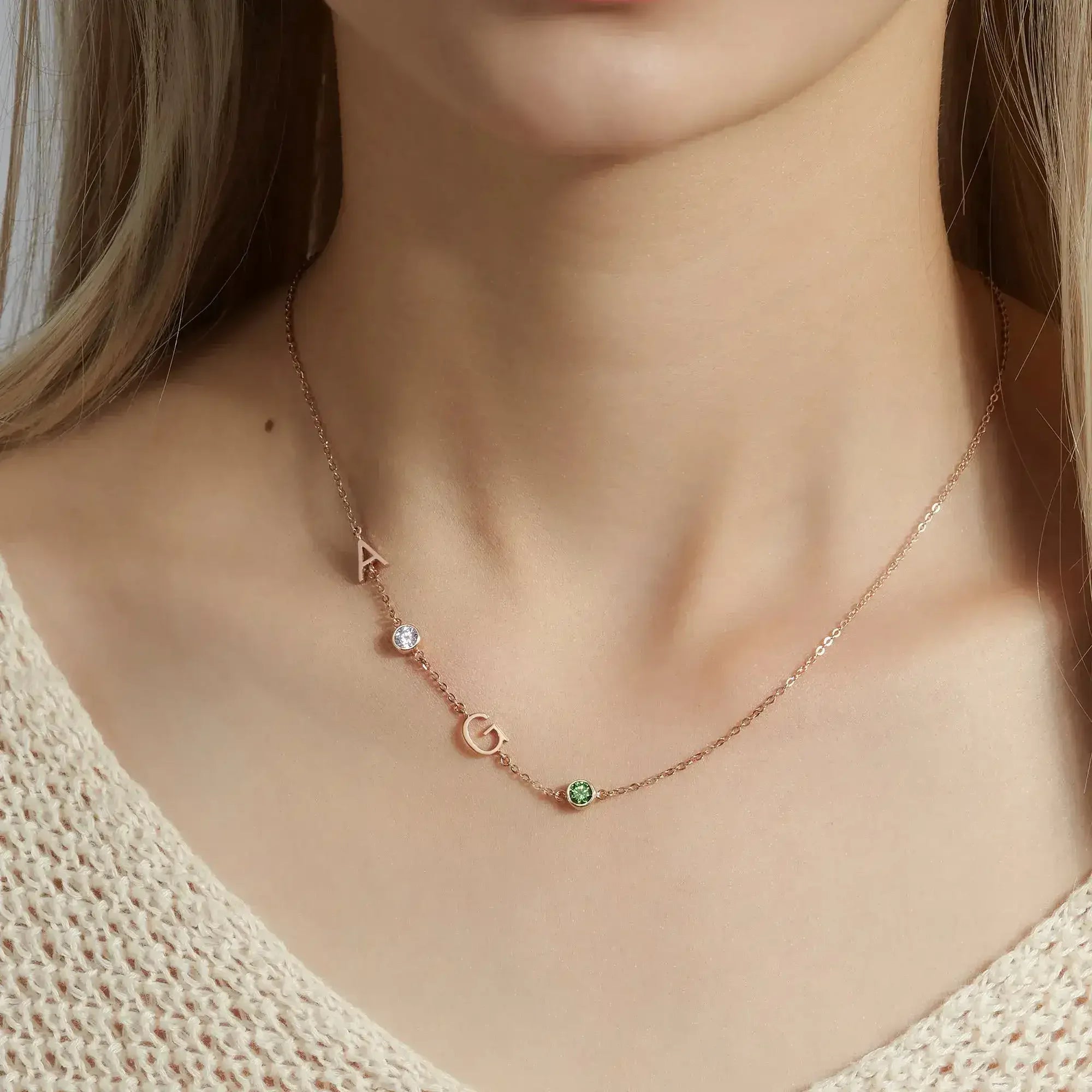 Sideways Letter Necklace, Mom Birthstone Necklace, Initials Necklace - Femstylo