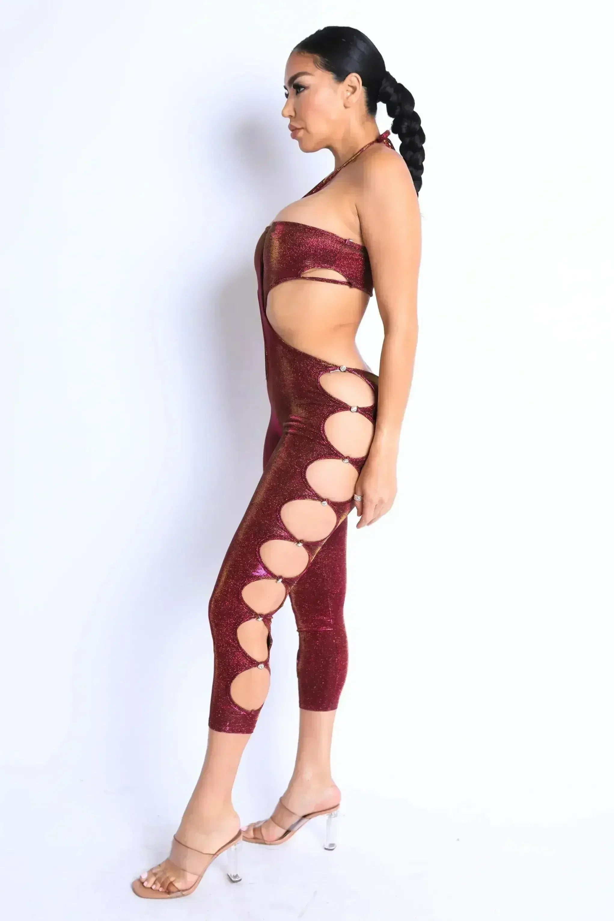 Glittery Cutout Halter Neck Keyhole Sexy Party Jumpsuit FUCHSIA/GOLD - Femstylo