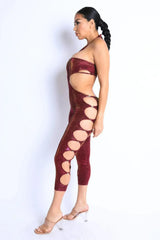 Glittery Cutout Halter Neck Keyhole Sexy Party Jumpsuit FUCHSIA/GOLD - Femstylo