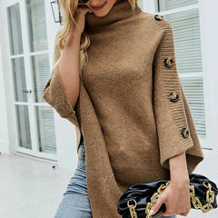 Turtleneck Poncho – Khaki Acrylic Winter Wrap | One Size
