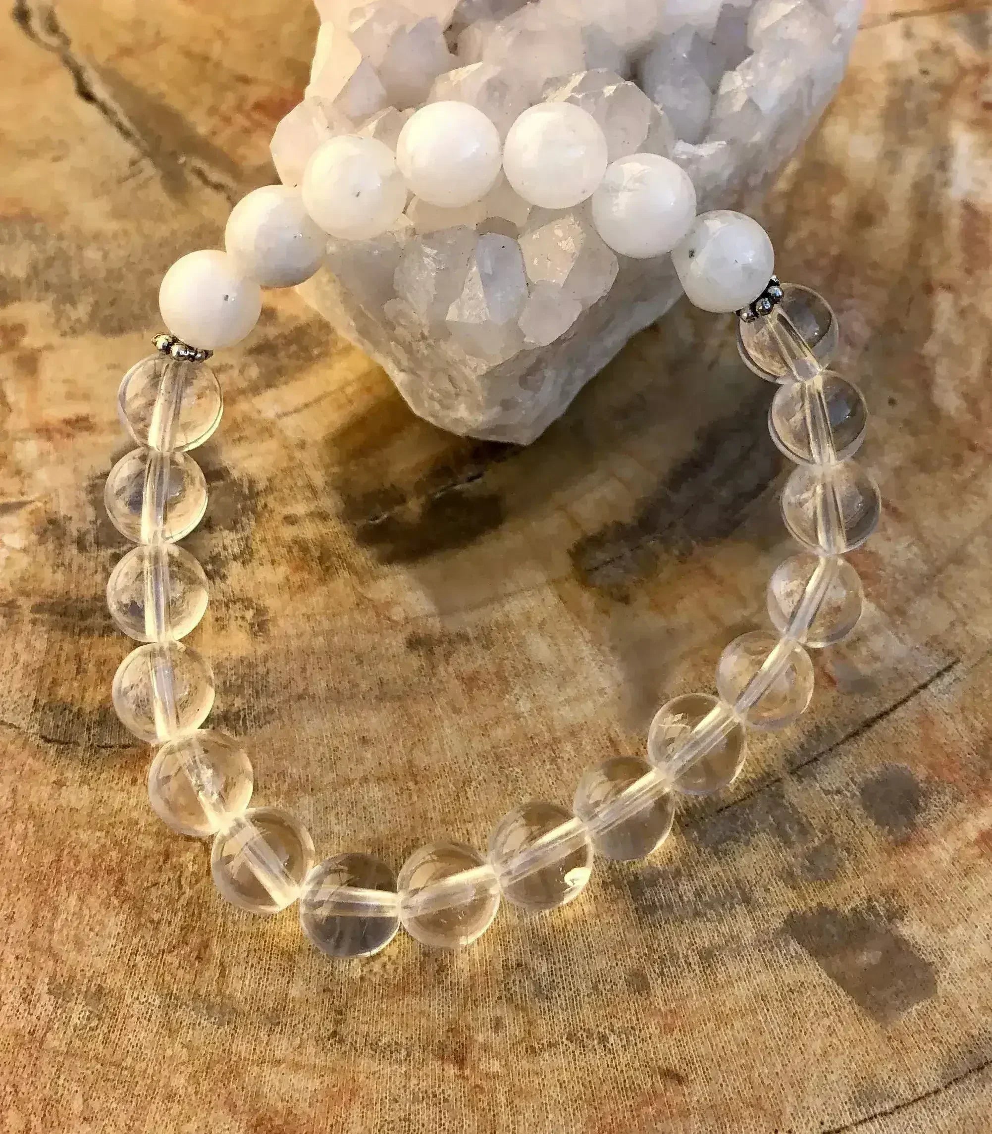 Rainbow Moonstone & Crystal Quartz Stretch Bracelet! Genuine Crystals! - Femstylo