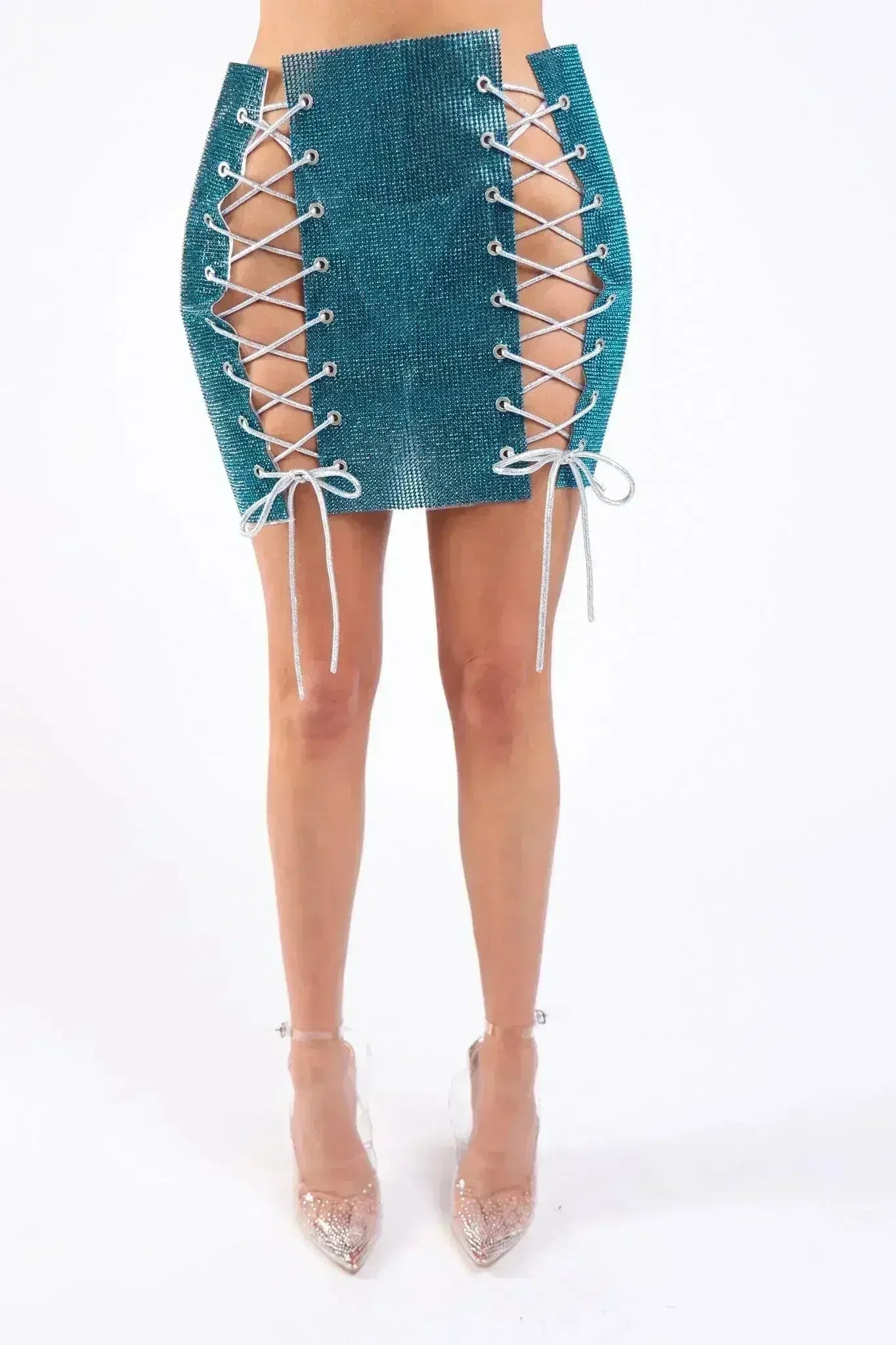 Full Rhinestones 4 Sides Lace Up Party Rave Club Mini Skirt TEAL - Femstylo