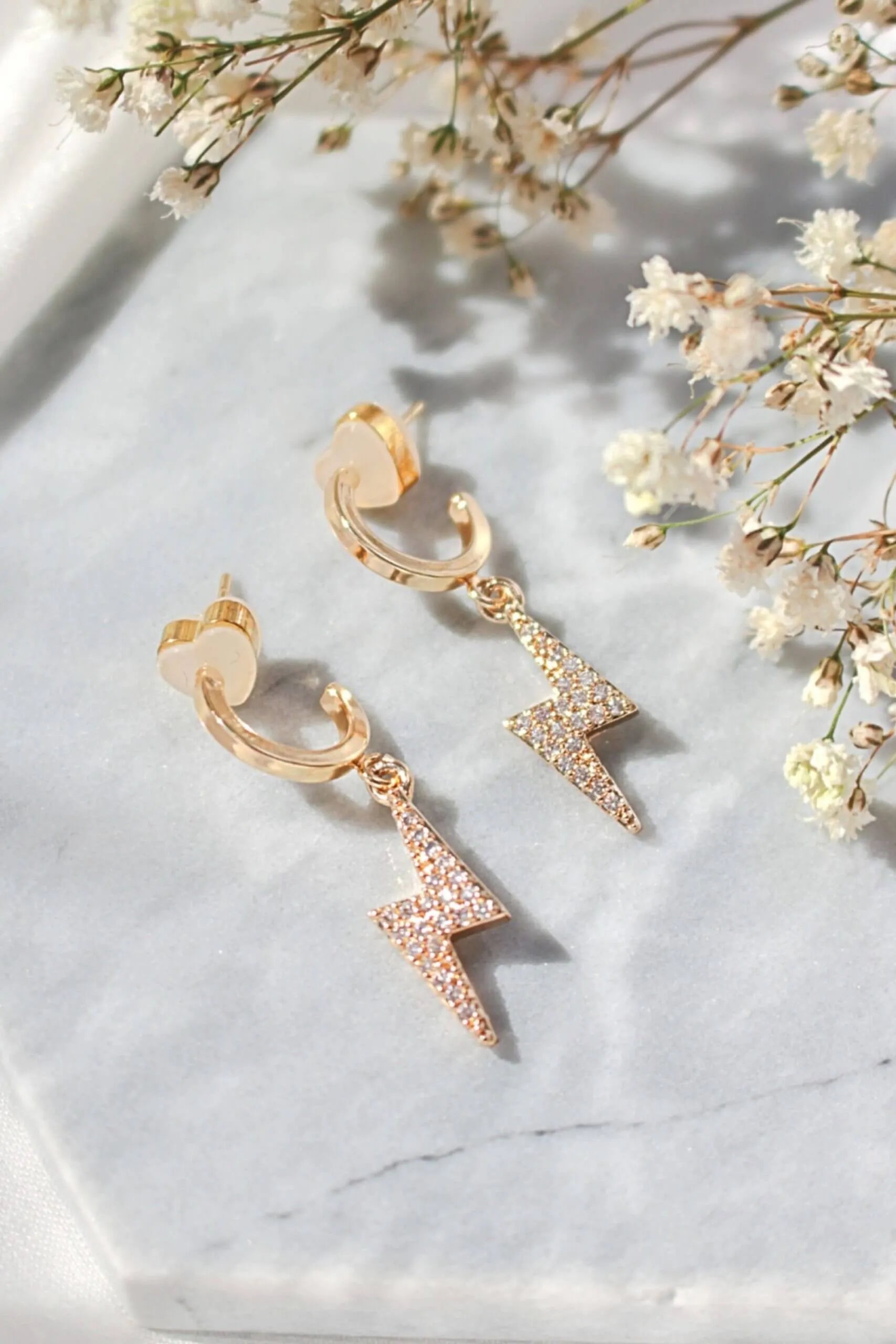 Lightning Bolt Earrings - 24K Gold CZ Studs | Femstylo