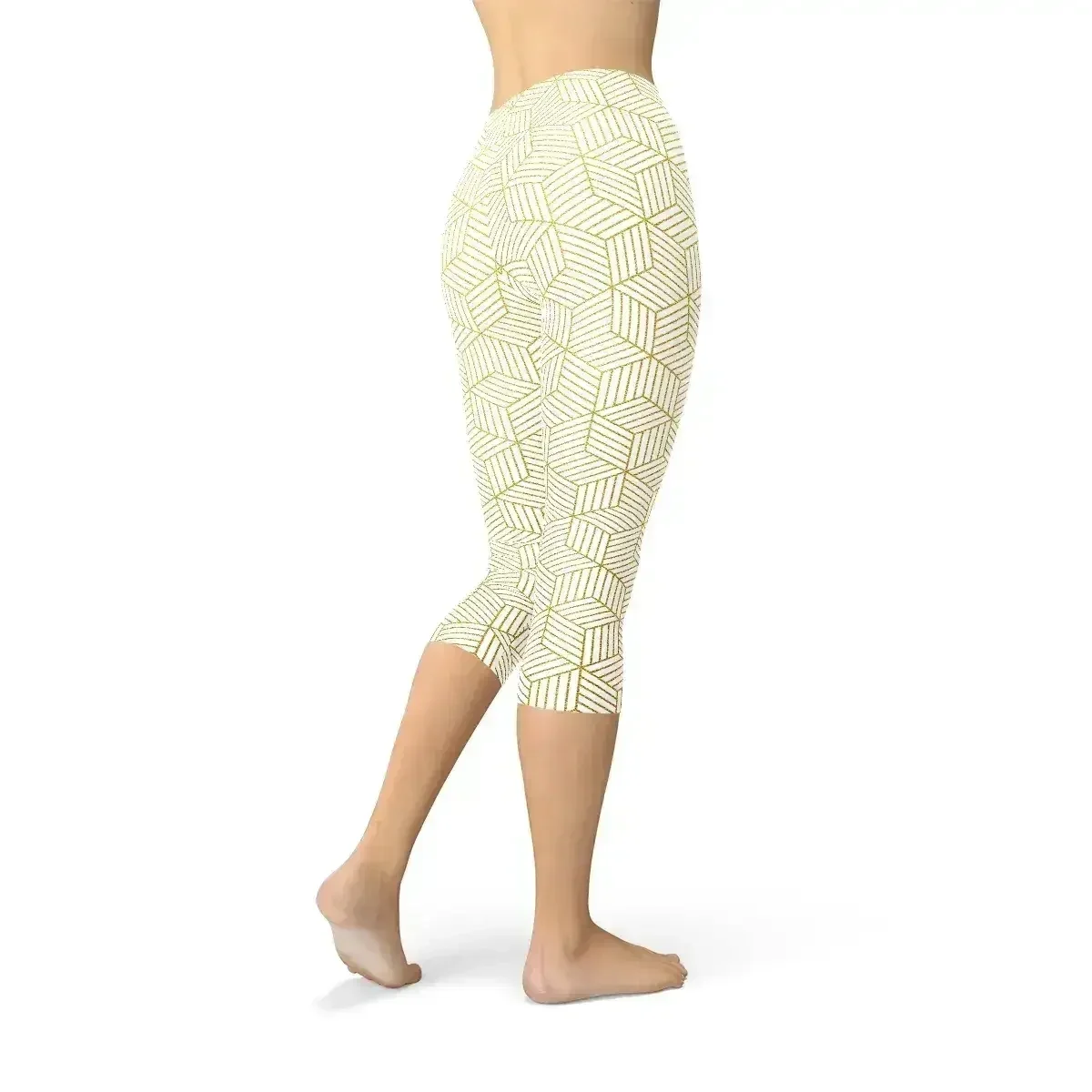 Womens White Capri Leggings w/ Geometric Cubes - Femstylo