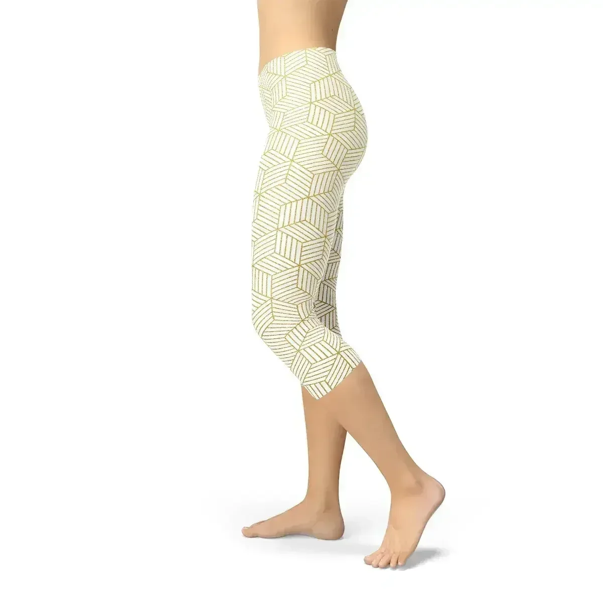 Womens White Capri Leggings w/ Geometric Cubes - Femstylo