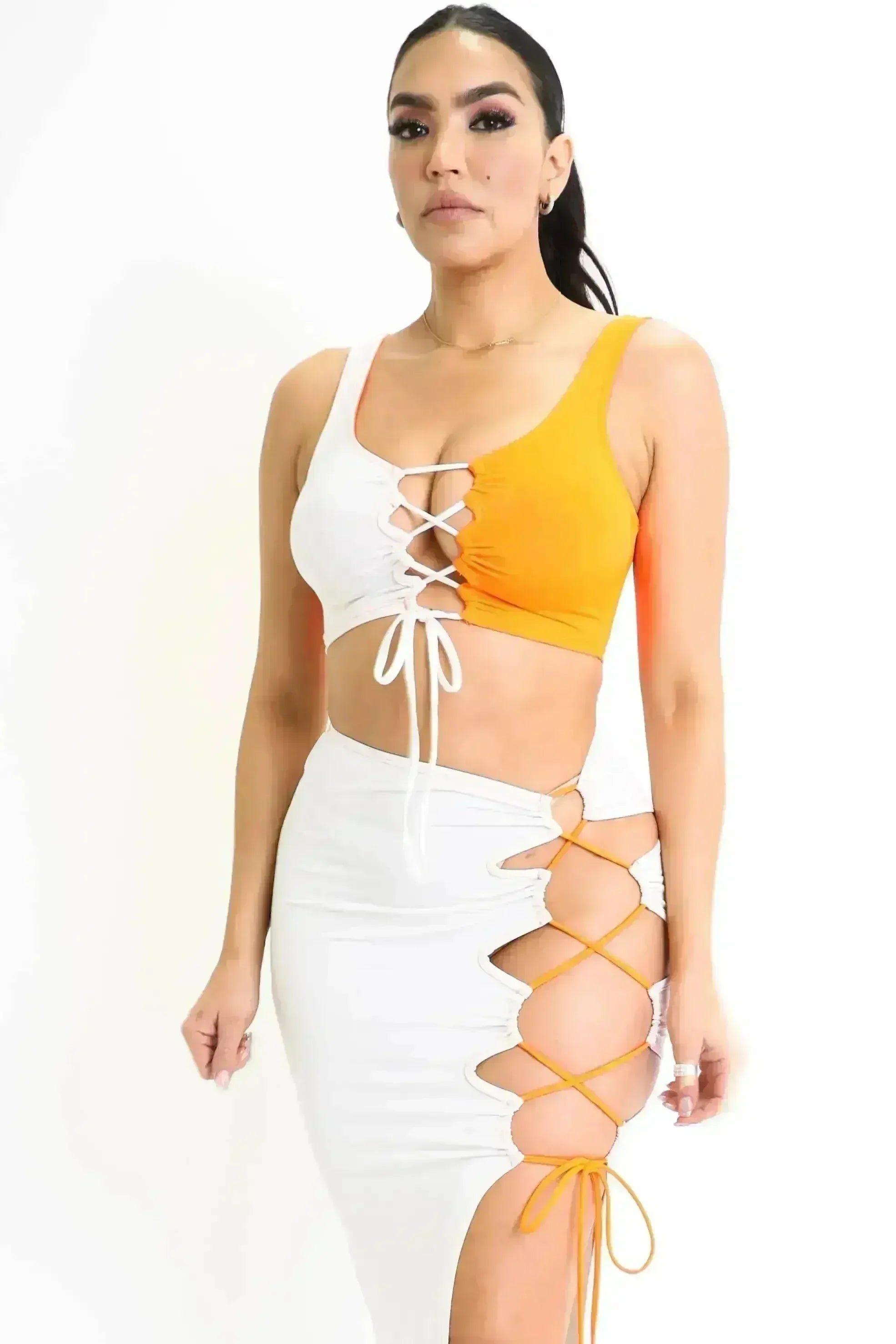 ColorBlock Side Lace up Top & Matching Maxi Skirt 2 Piece Outfit Set - Femstylo