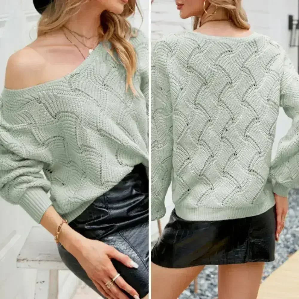 Womens V-Neck Open Knit Sweater - Femstylo