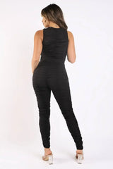Track Zipper Ruched Jumpsuit Ruffle Dress Bodycon Jumpsuit BLACK - Femstylo