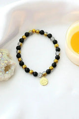 Obsidian Elastic Bracelet | 24K Lotus Flower Charm - Femstylo