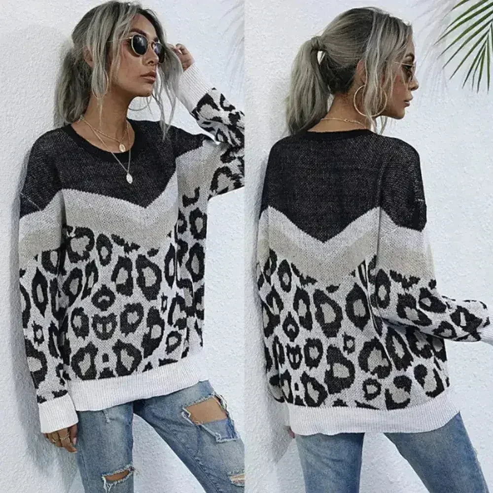 Leopard Print Sweater – Gray Acrylic Knit | Sizes S-L - Femstylo