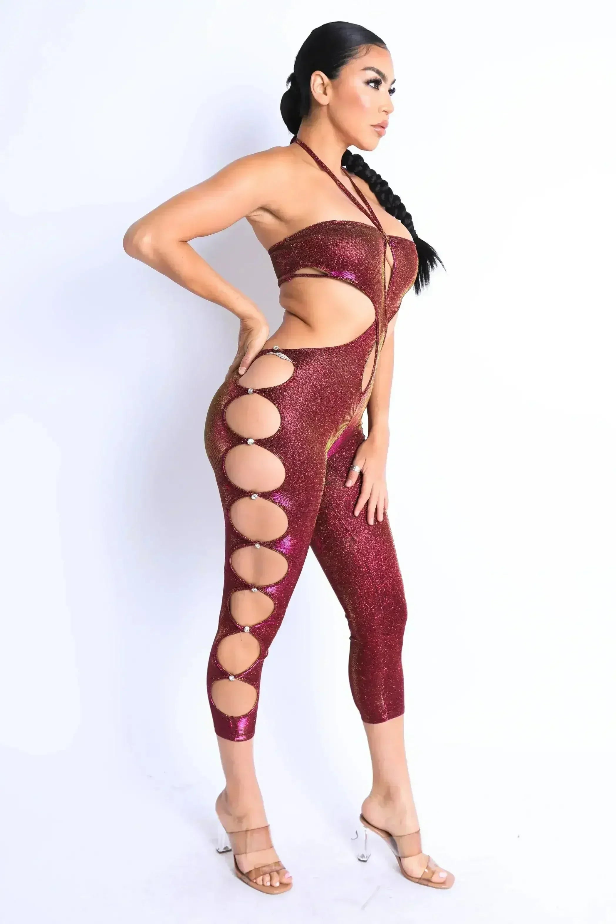 Glittery Cutout Halter Neck Keyhole Sexy Party Jumpsuit FUCHSIA/GOLD - Femstylo