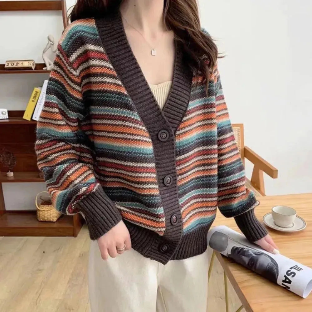 Womens Button Down Striped Cardigan - Femstylo