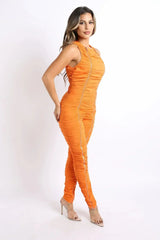 Track Zipper Ruched Jumpsuit Ruffle Dress Bodycon Jumpsuit ORANGE - Femstylo
