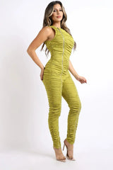 Track Zipper Ruched Jumpsuit Ruffle Dress Bodycon Jumpsuit CHARTREUSE - Femstylo