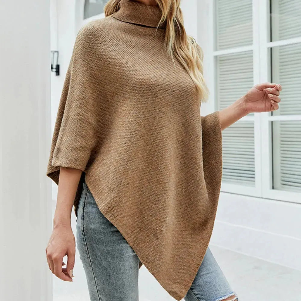 Turtleneck Poncho – Khaki Acrylic Winter Wrap | One Size