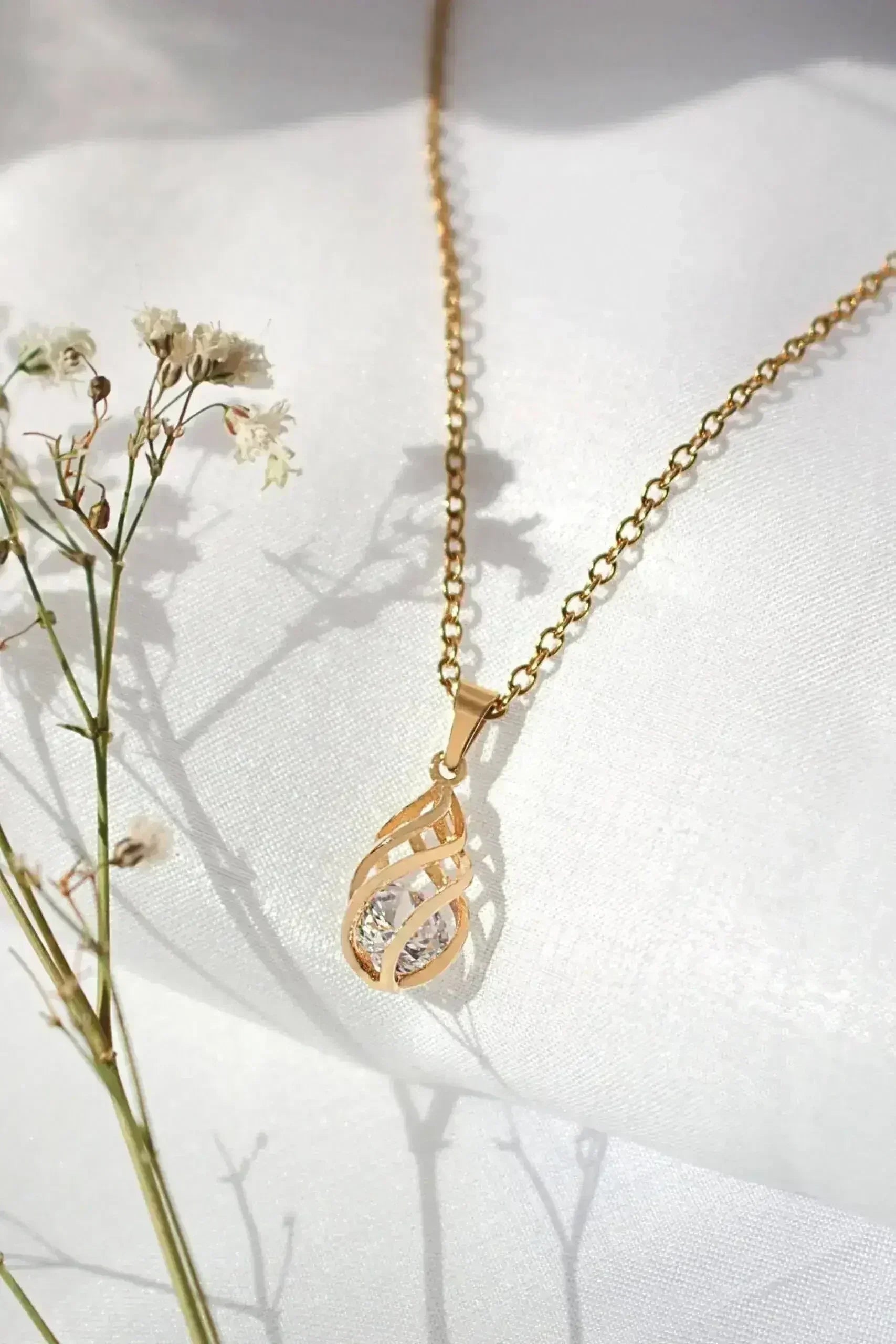 24 Karats Cubic Zirconia Tear Drop Cage Necklace - Femstylo