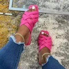 Summer Casual Outdoor Leather Flat Women Slippers Blue/Pink/Beige - Femstylo