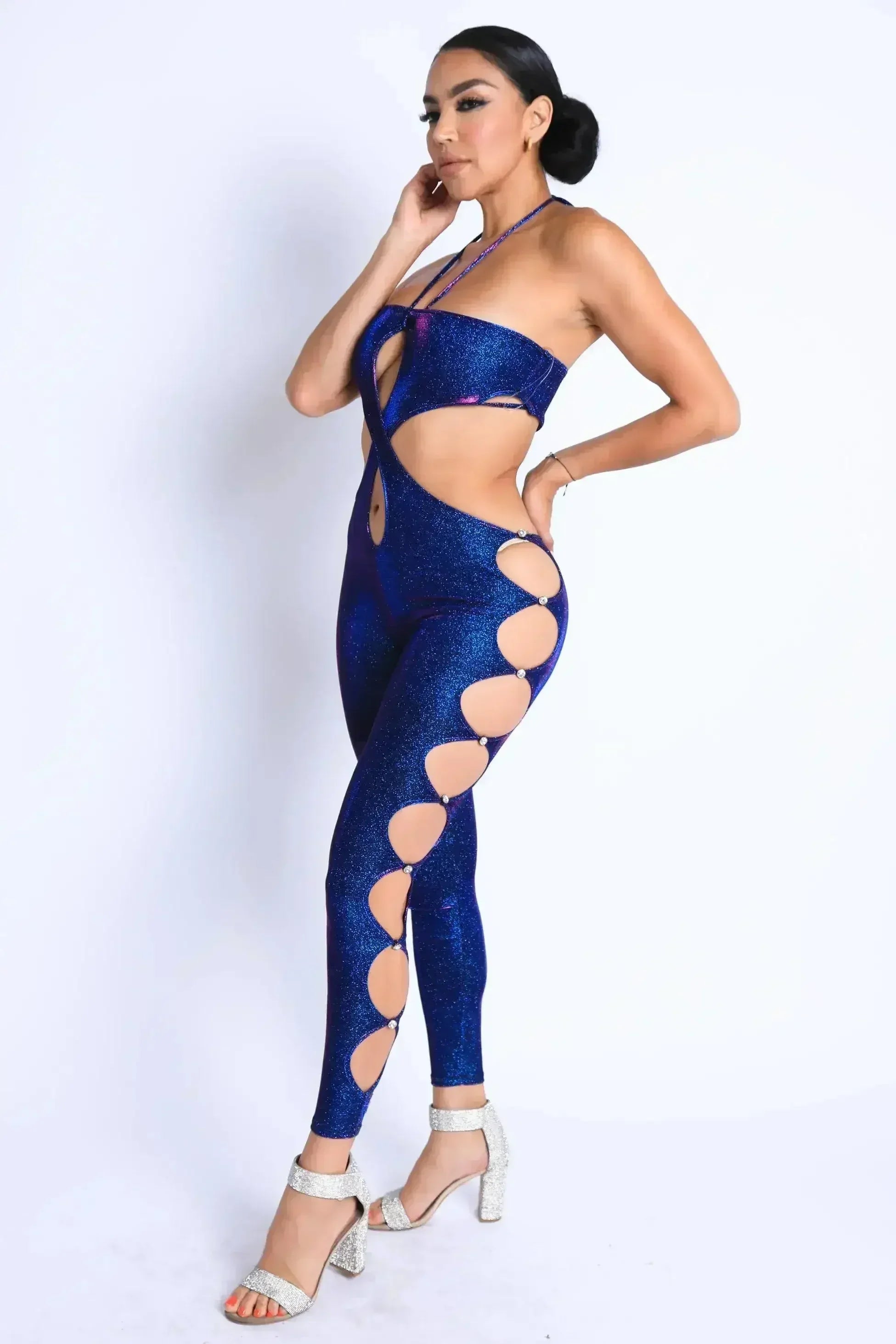 Glittery Cutout Halter Neck Keyhole Sexy Party Jumpsuit BLUE/FUCHSIA - Femstylo