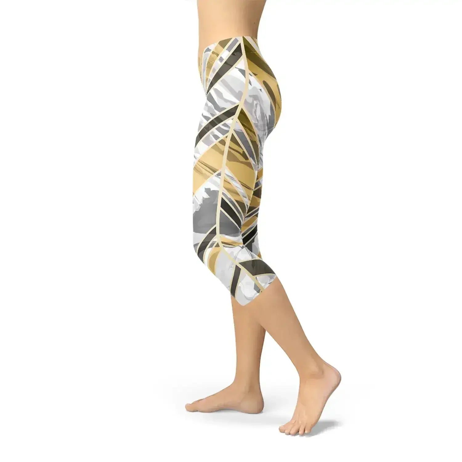 White Marble w/ Black Gold Lines Capri Leggings - Femstylo