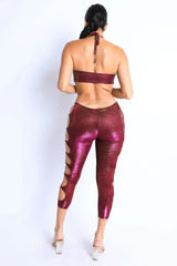 Glittery Cutout Halter Neck Keyhole Sexy Party Jumpsuit FUCHSIA/GOLD - Femstylo