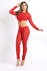Lettering Printed Cutout Double O-Ring Mesh Sexy Jumpsuit RED - Femstylo