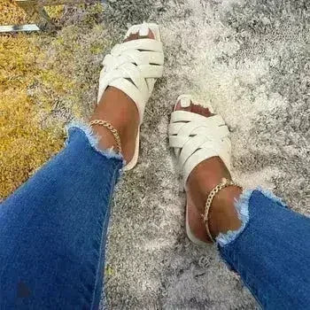 Summer Casual Outdoor Leather Flat Women Slippers Blue/Pink/Beige - Femstylo