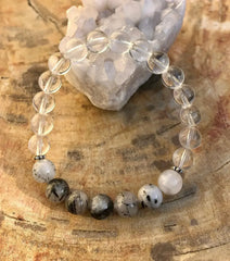 Black Tourmaline & Crystal Quartz Stretch Bracelet! Genuine Crystals! - Femstylo