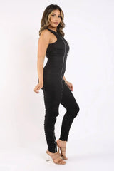 Track Zipper Ruched Jumpsuit Ruffle Dress Bodycon Jumpsuit BLACK - Femstylo