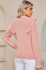 Light Pink Bow Detail Contrast Trim Ruffle Sweater - Femstylo