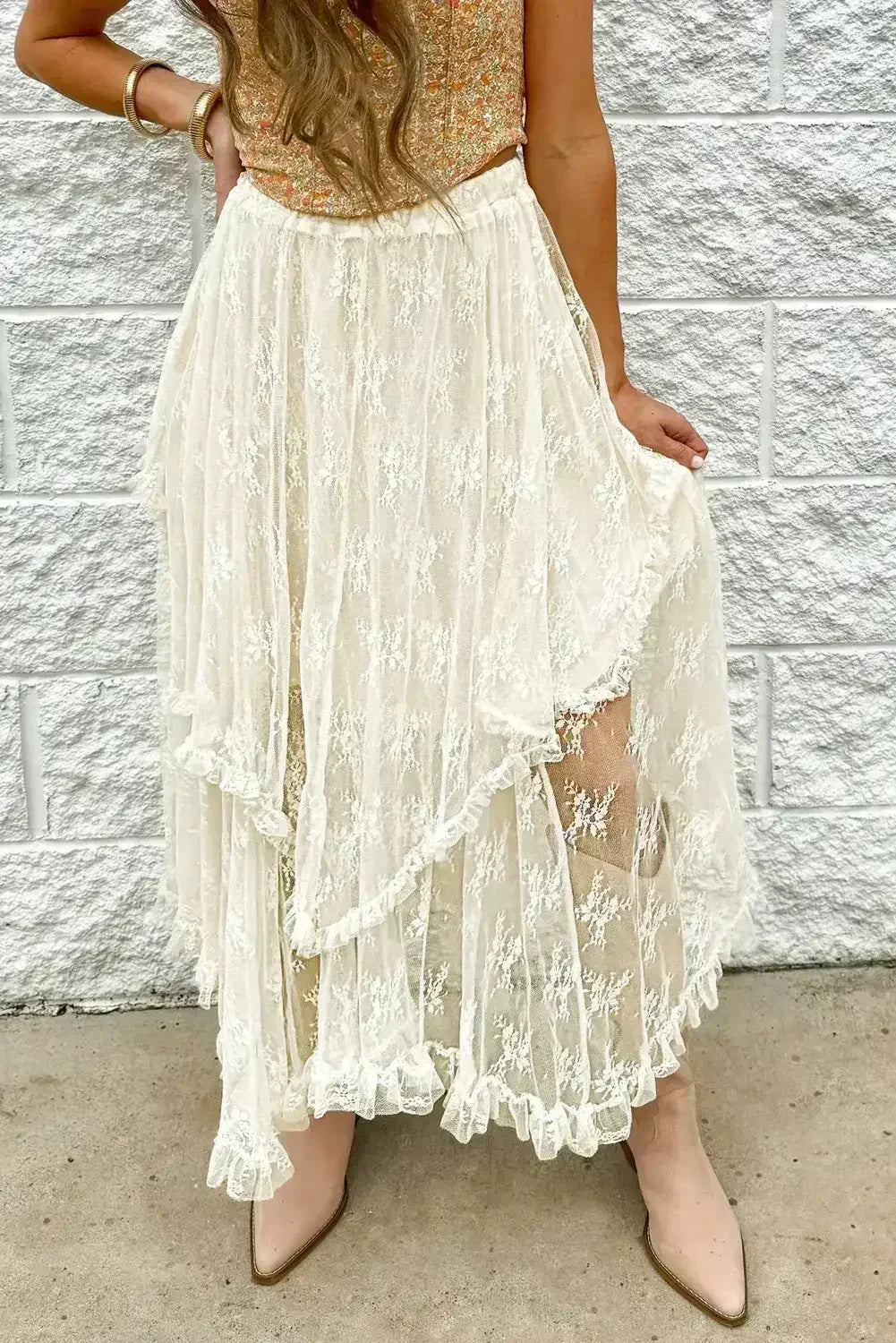 Beige Lace Cascading Tiered High Waist Maxi Skirt - Femstylo