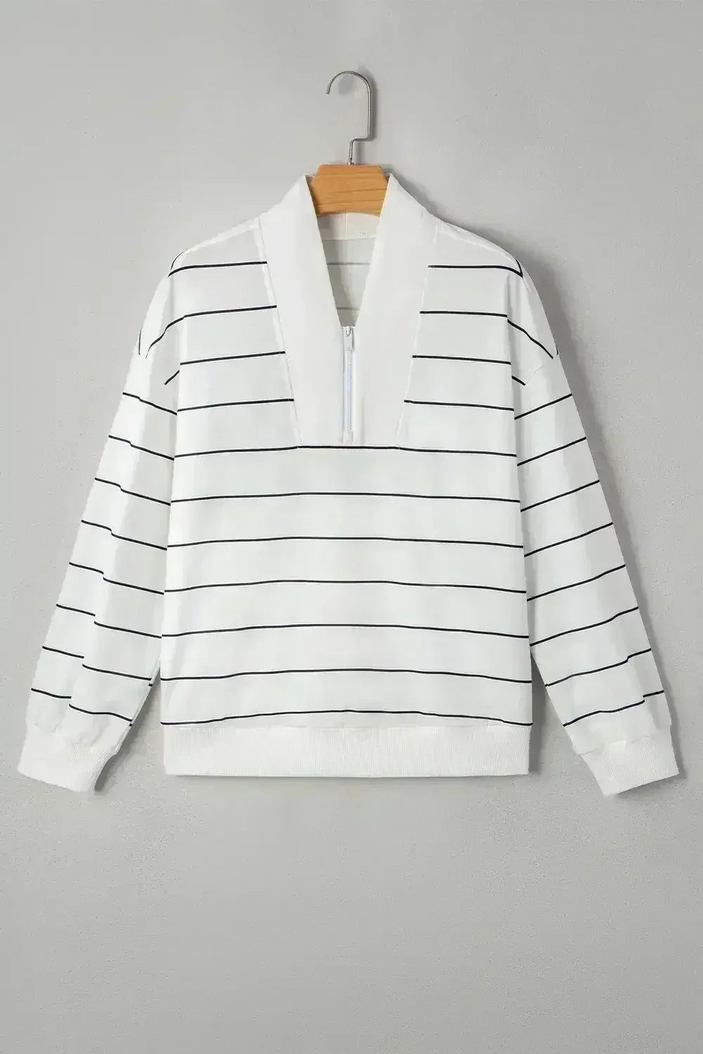 White Striped Zipper V-Neck Drop Sleeve Top - Femstylo