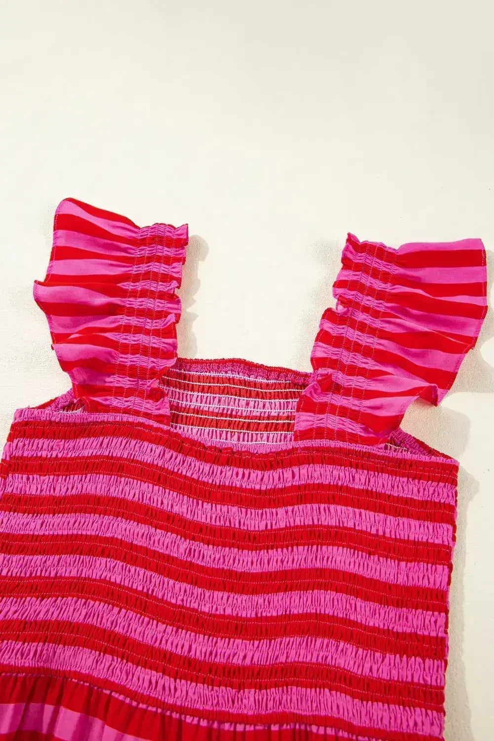 Rose Stripe Ruffle Strap Shirred Bodice Tiered Maxi Dress - Femstylo