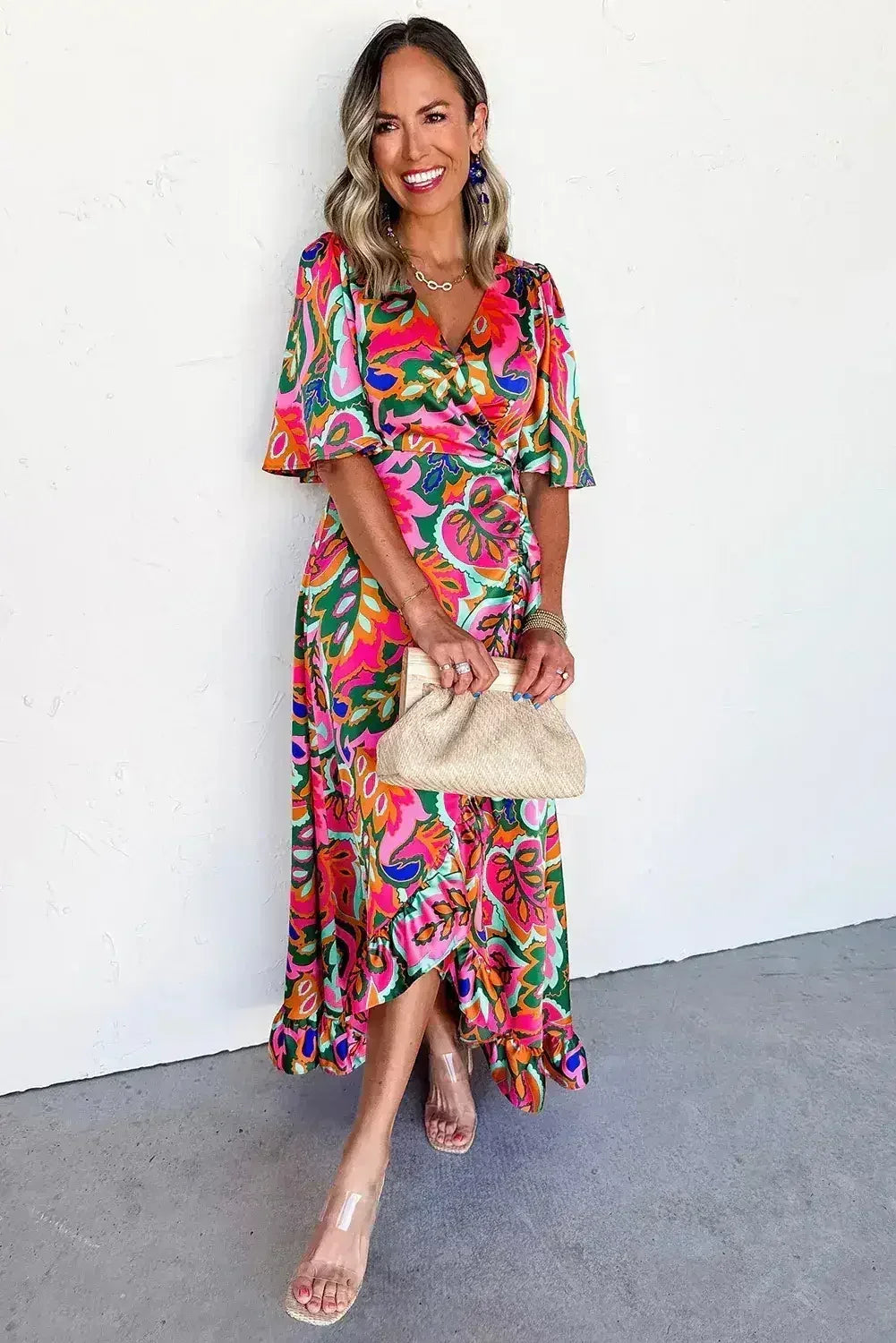 Rose Tropical Plant Print Surplice V Neck Ruffle Hem Maxi Dress - Femstylo