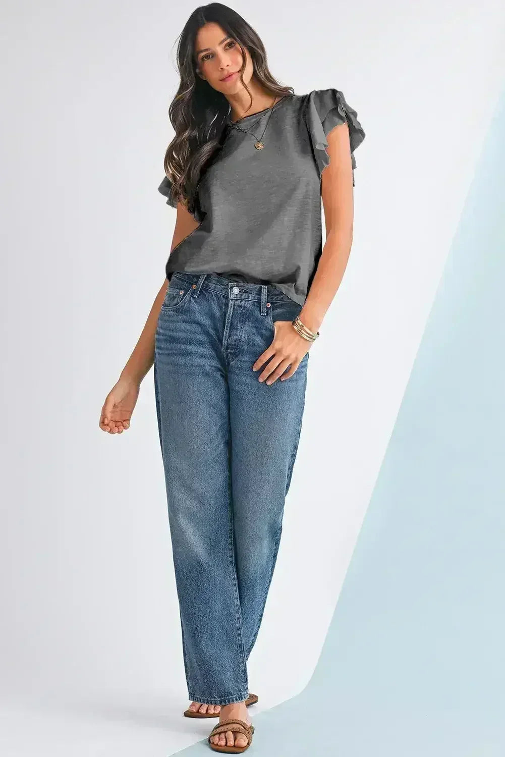Dark Grey Ruffle Sleeve Plain Blouse | Femstylo - Femstylo