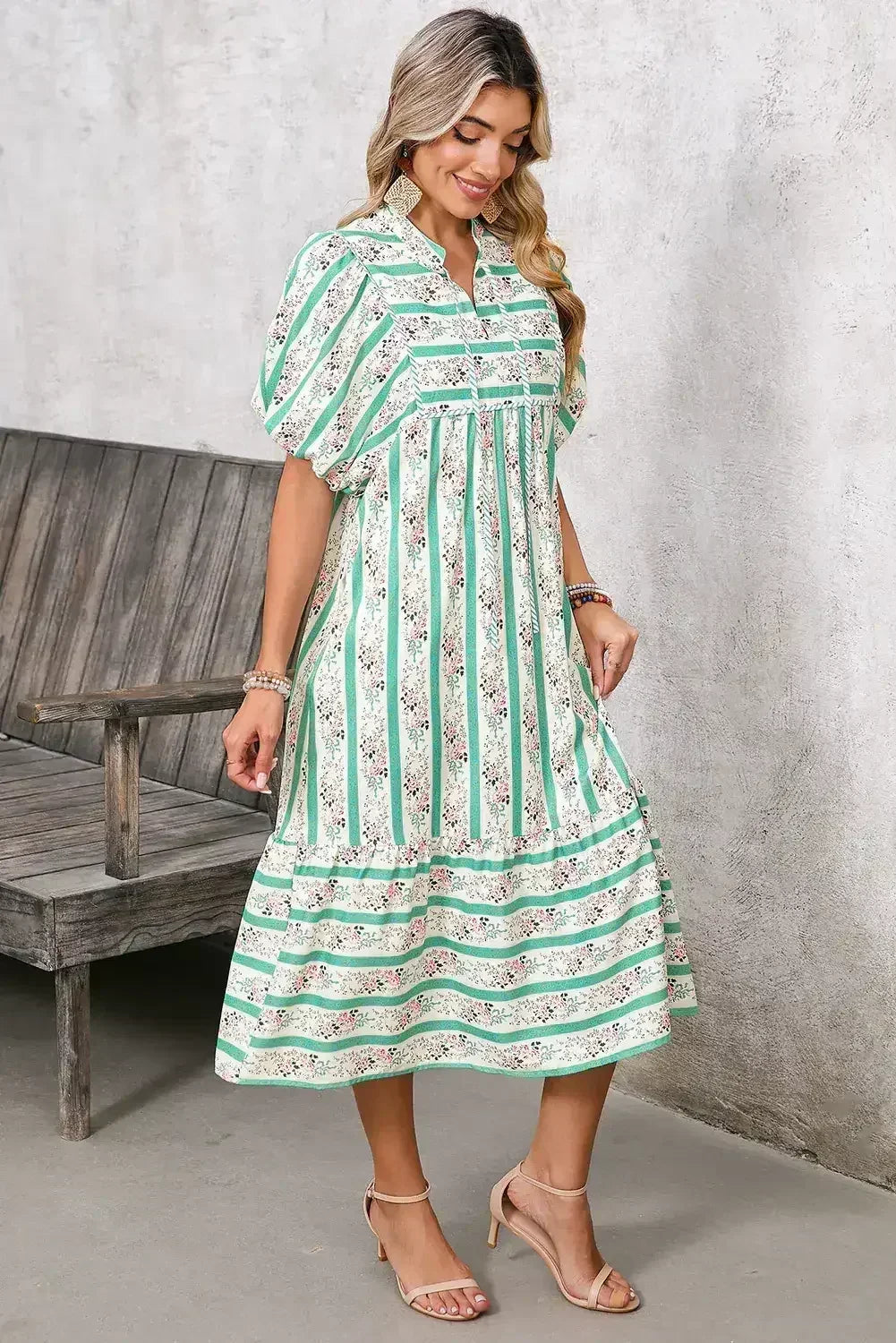 Multicolor Boho Floral Striped Tie V Neck Long Dress - Femstylo